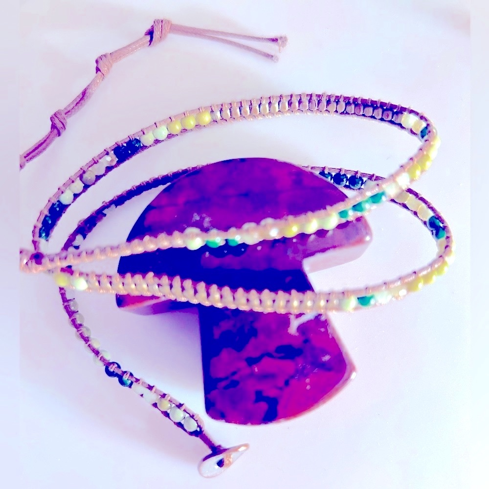 MARQUET bracelet semiprecious green stones, vegan leather wrapped, metal button